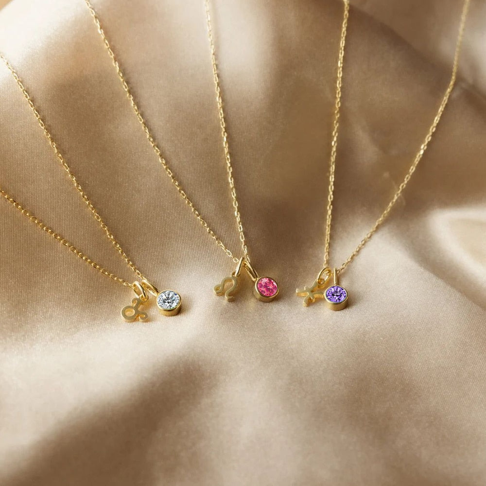BIRTHSTONE ZODIAC DOUBLE PENDANT NECKLACE