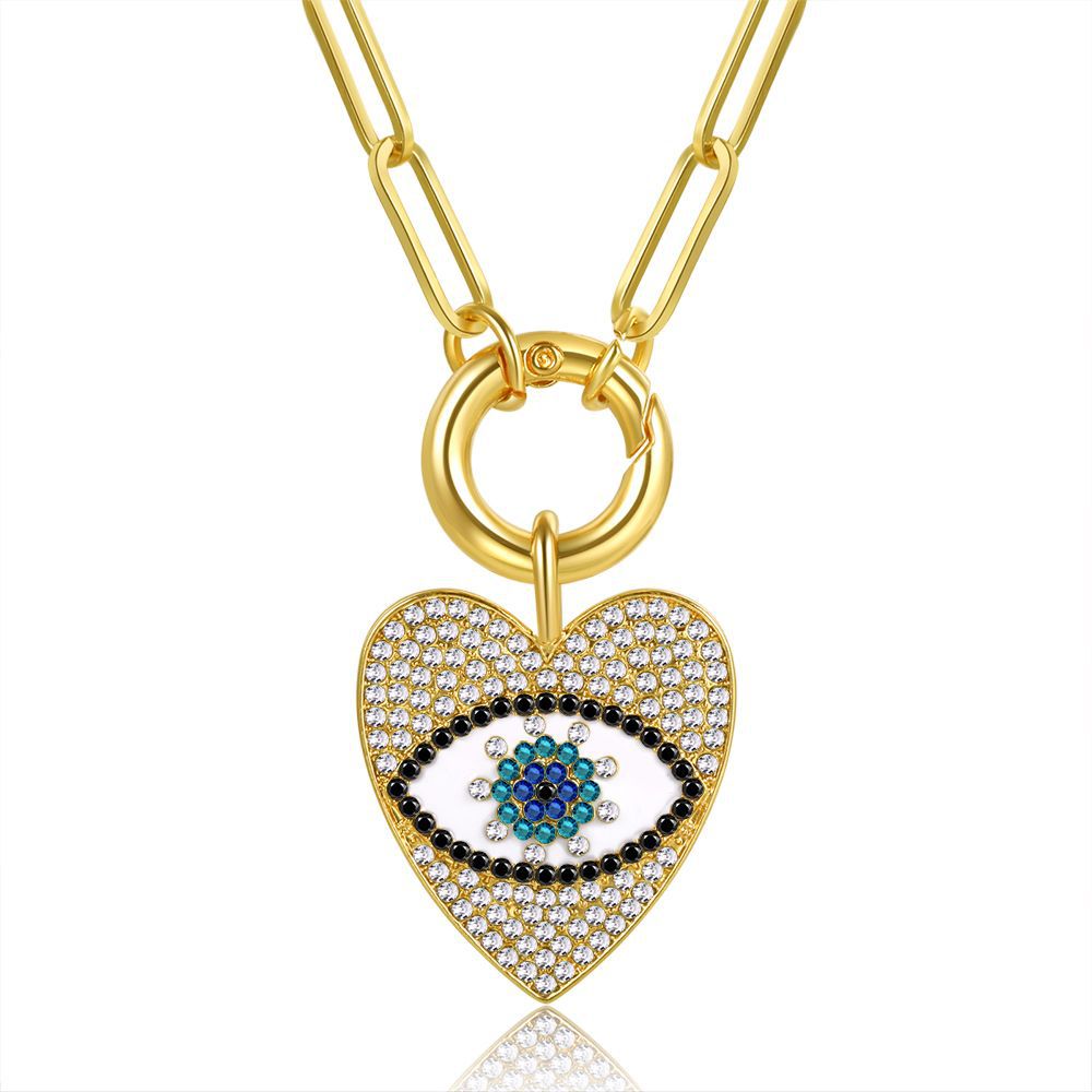 SHINY CRYSTAL HEART EVIL EYES NECKLACE GOLD PLATED PAPER CLIP CHAIN DELICATE NECKLACES FOR WOMEN GIRL BIRTHDAY JEWELRY GIFTS