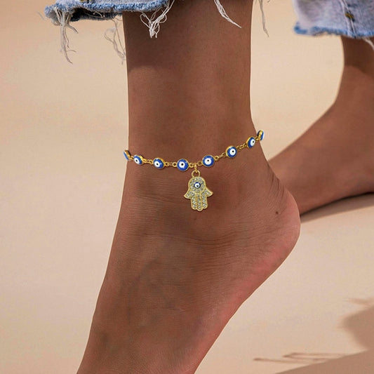 HAMSA HAND BLUE EVIL EYE CHARM ANKLET