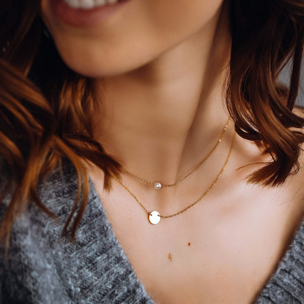 CUTE DISC AND PEARL LAYERED NECKLACE SET