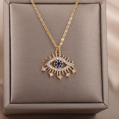 STAINLESS STEEL EVIL EYE BLUE RHINESTONE PENDANT NECKLACE FOR WOMEN EUROPEAN AND AMERICAN FASHION VINTAGE GOTHIC JEWELRY FEMALE