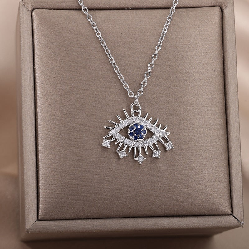 STAINLESS STEEL EVIL EYE BLUE RHINESTONE PENDANT NECKLACE FOR WOMEN EUROPEAN AND AMERICAN FASHION VINTAGE GOTHIC JEWELRY FEMALE