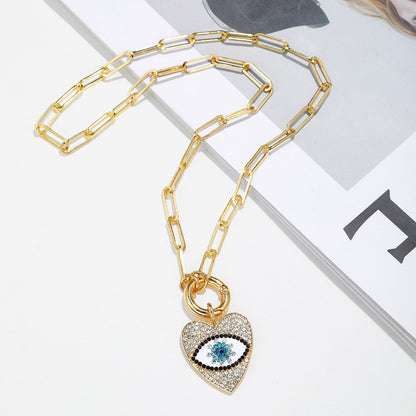SHINY CRYSTAL HEART EVIL EYES NECKLACE GOLD PLATED PAPER CLIP CHAIN DELICATE NECKLACES FOR WOMEN GIRL BIRTHDAY JEWELRY GIFTS