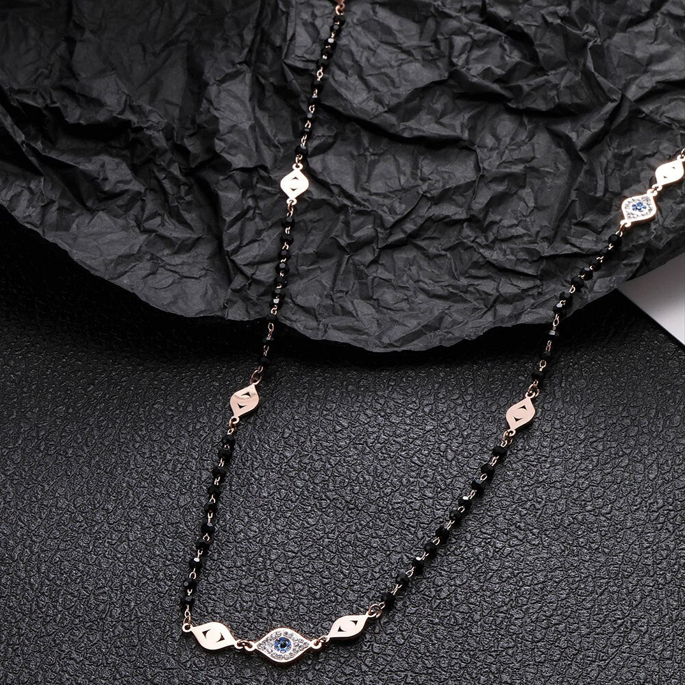 FASHION EVIL EYES LONG NECKLACE FOR WOMEN STAINLESS STEEL JEWELRY BOHEMIA BEADS SWEATER CHAIN LUXURY CRYSTAL PARTY VINTAGE GIFTS